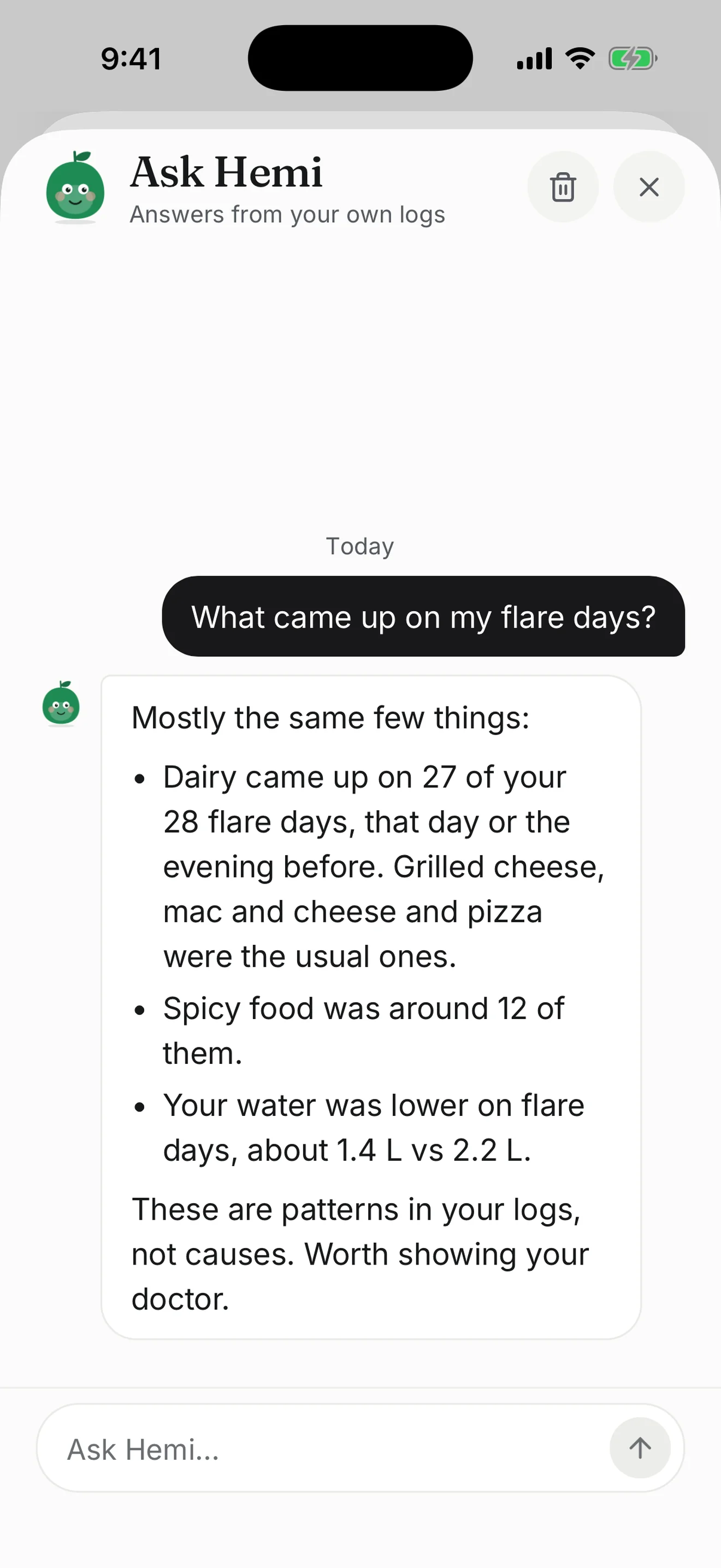 Hemi answering a question about the user's own logged history.