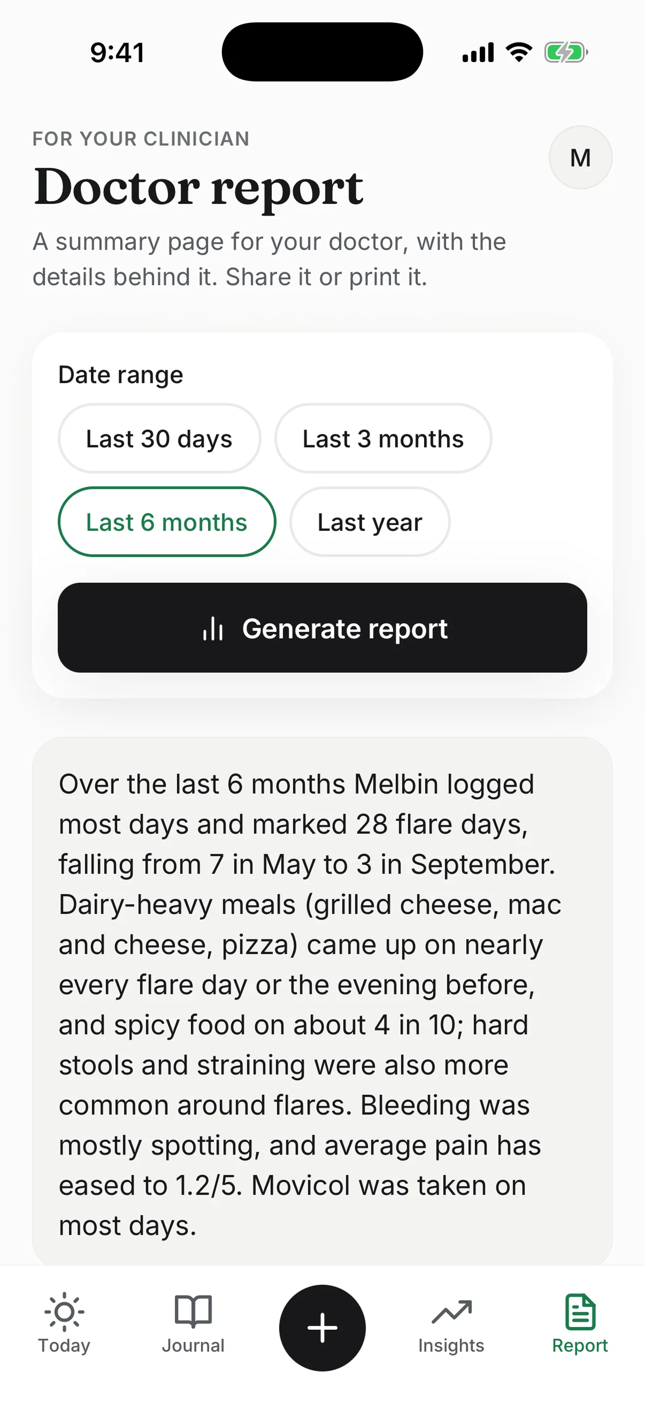 Hemi's doctor report, summarising six months of logs in plain language.