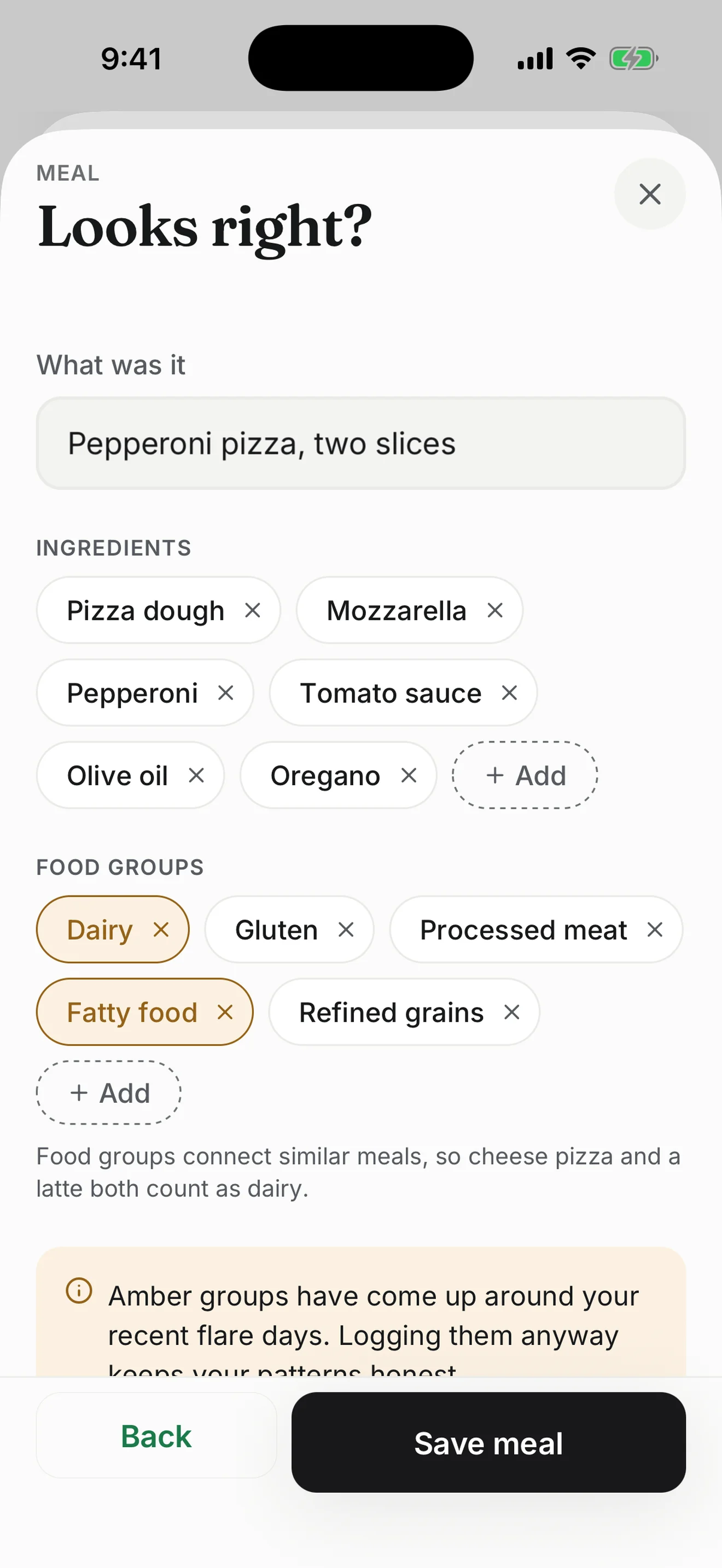 A logged meal in Hemi showing its ingredients and food groups, such as dairy and gluten, ready to edit.