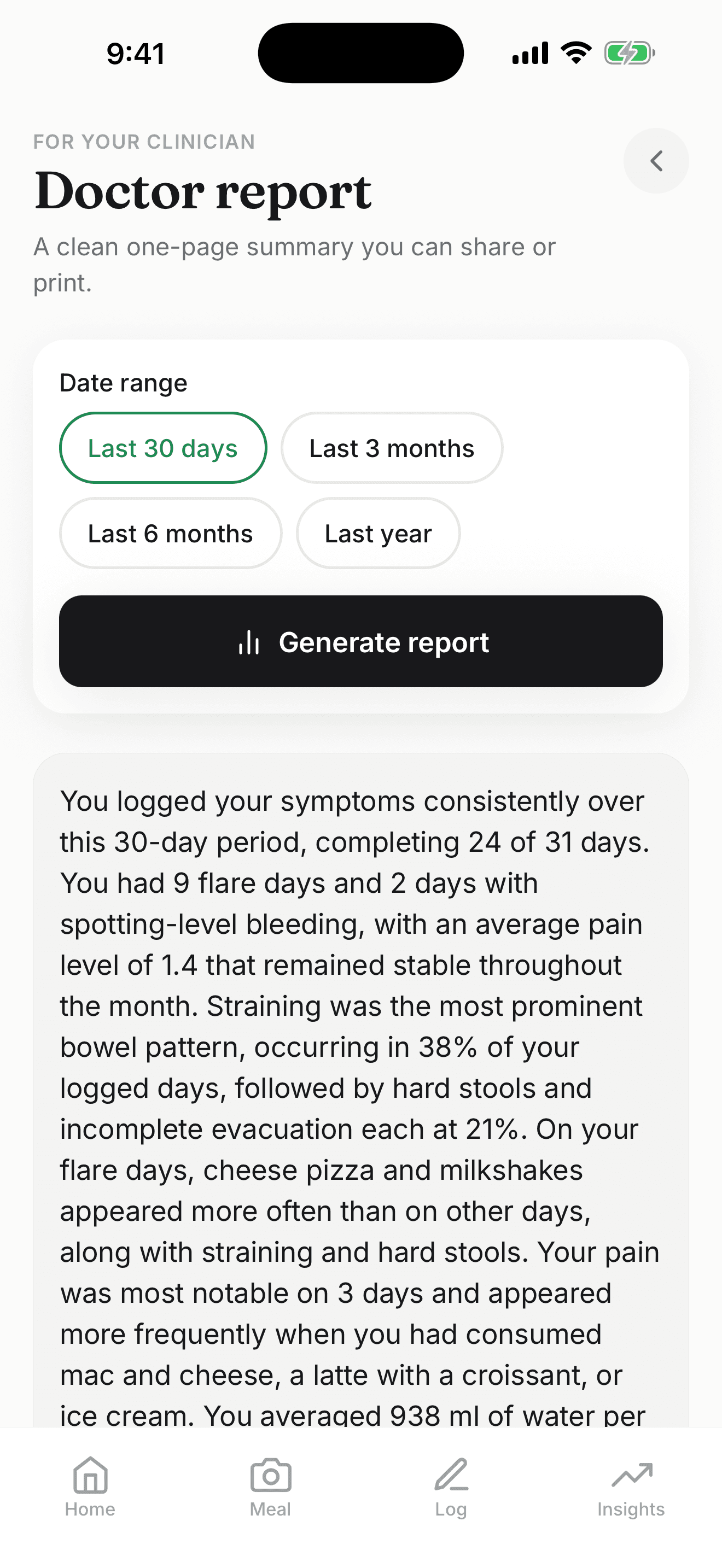 Hemi's doctor report, summarising a month of logs in plain language.