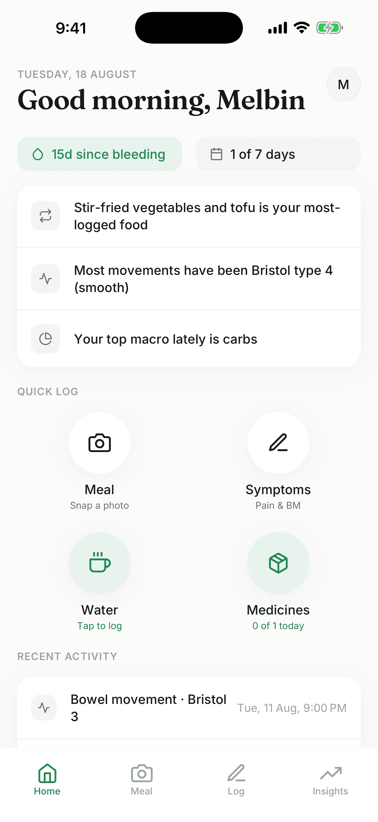 Hemi's home screen, showing quick-log tiles for meals, symptoms, water and medicines.