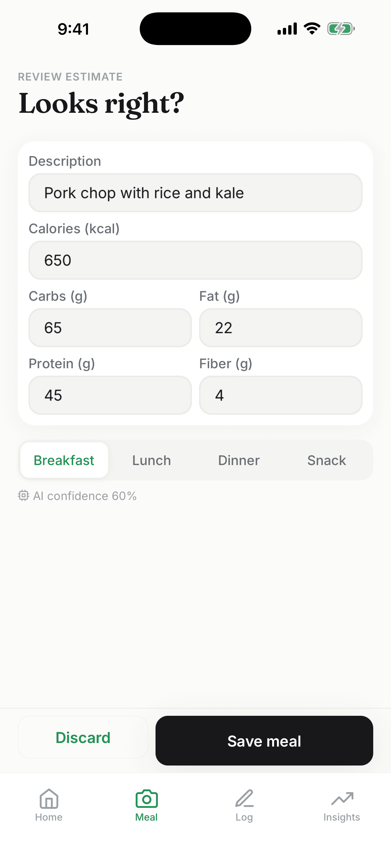 A meal estimate in Hemi showing editable calories, carbs, fat, protein and fiber.